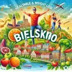 DALL·E 2024-07-05 14.32.15 – A vibrant, eye-catching image promoting healthy and sustainable weight loss in Bielsko. The image features a cheerful person enjoying healthy food, en